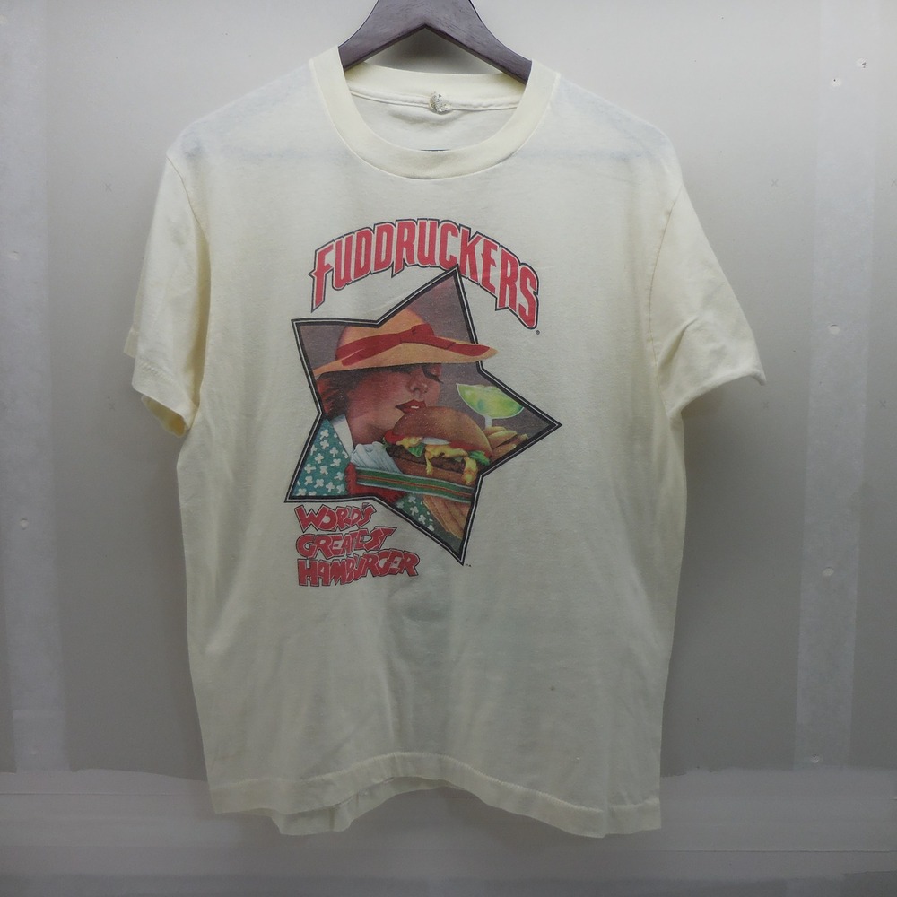 Vintage 70s Fuddruckers T Shirt Screen Stars Cream Graphic Tee Mens L USA Made
